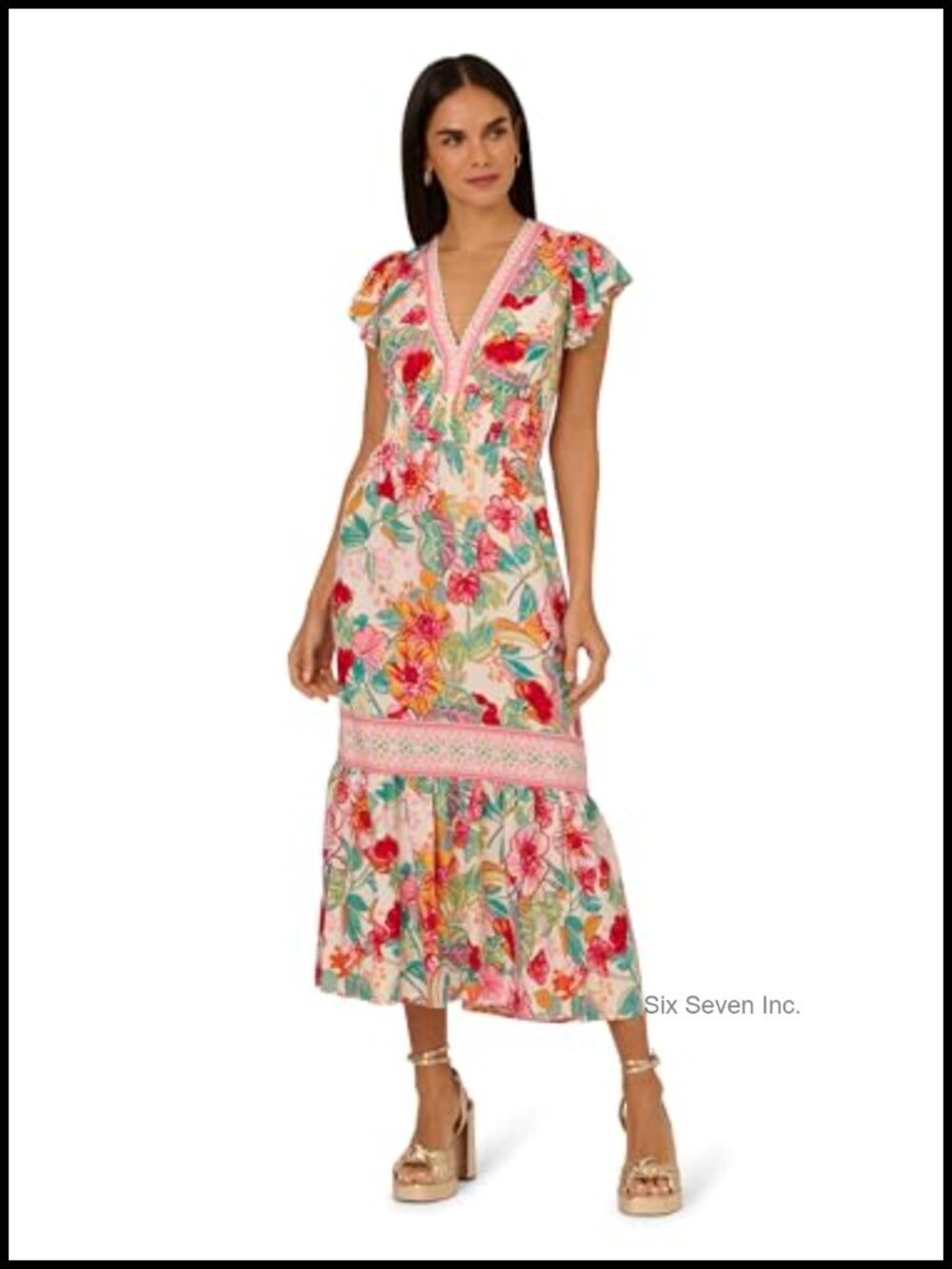 Flutter Sleeve Fitted Fit & Flare V-Neck Midi Dress Work Wedding